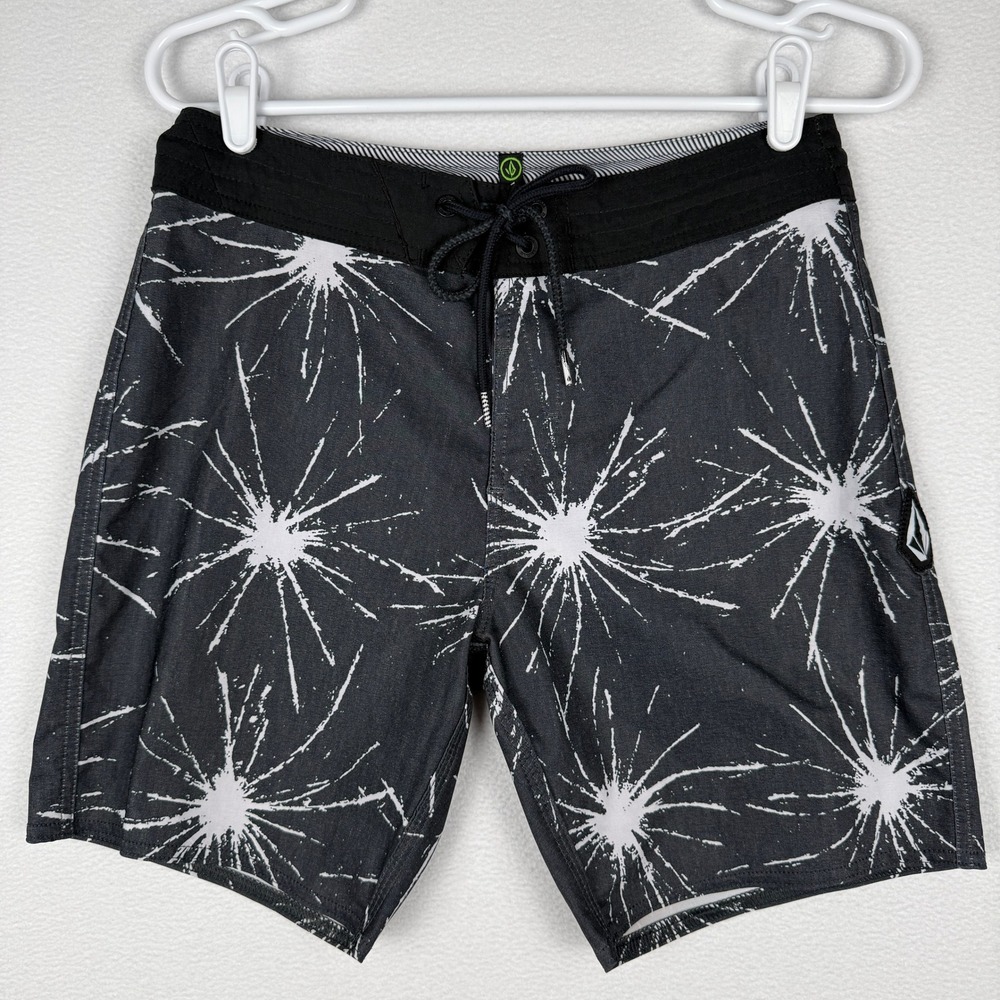 Volcom Board Shorts Mens 28 Black Abstract Fireworks Swim Trunks 4th of July